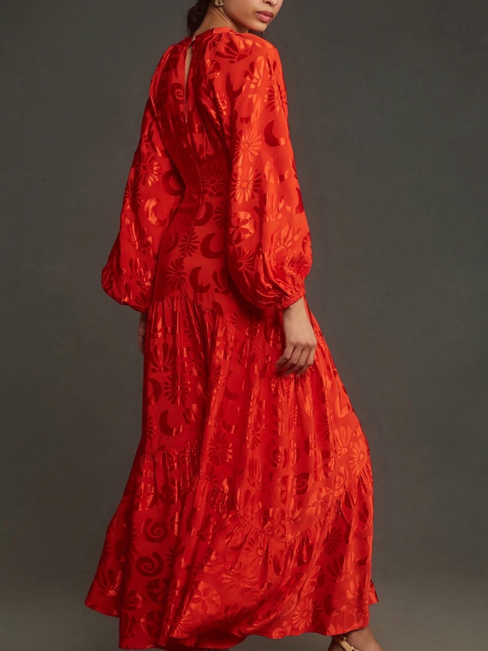 Farm Rio Long Sleeve Jaquard Anthropologie Red V-Neck Maxi Dress - Picture 3 of 9